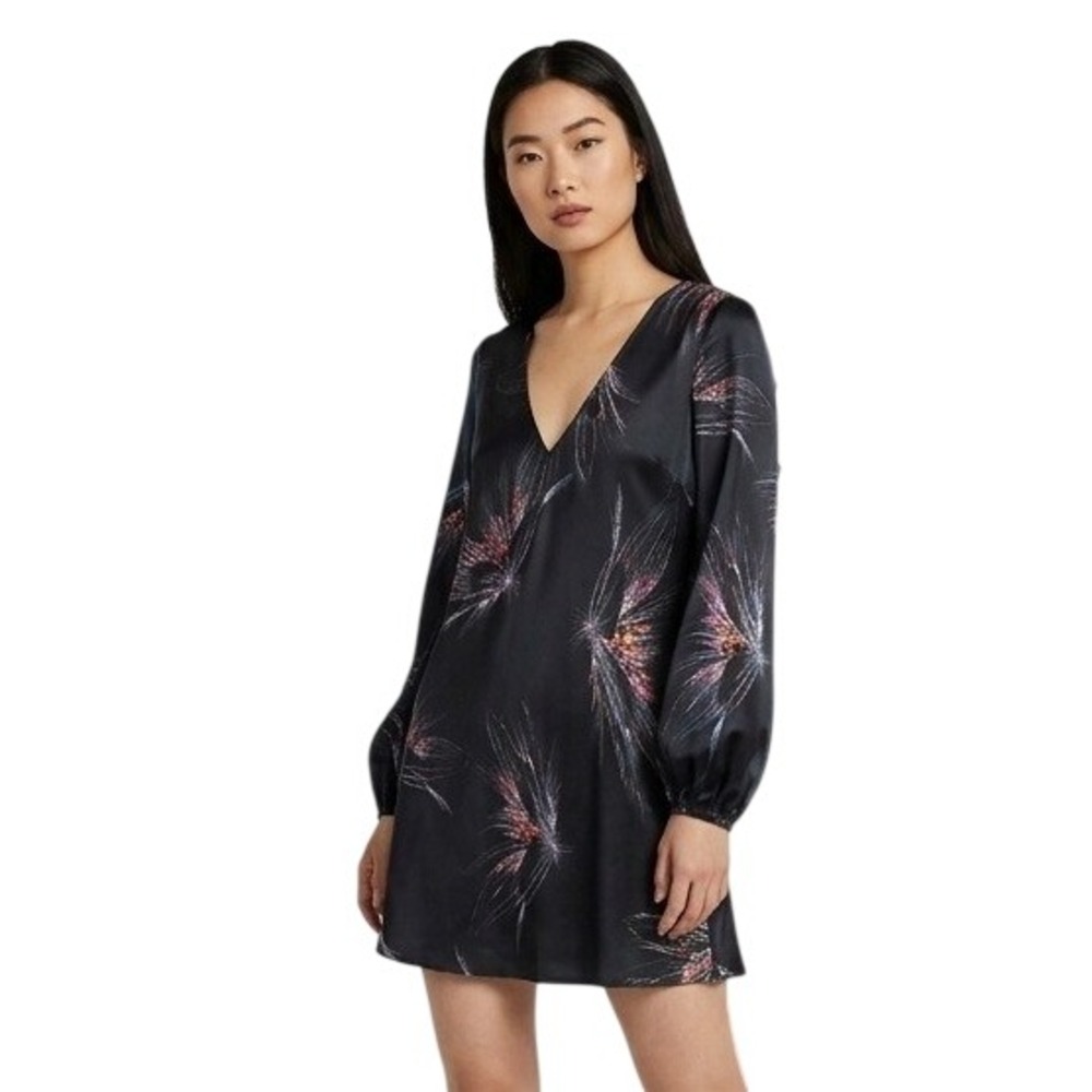 Amanda Uprichard Black Floral Print V-Neck Long Sleeve Satin Silk Dress Womens M